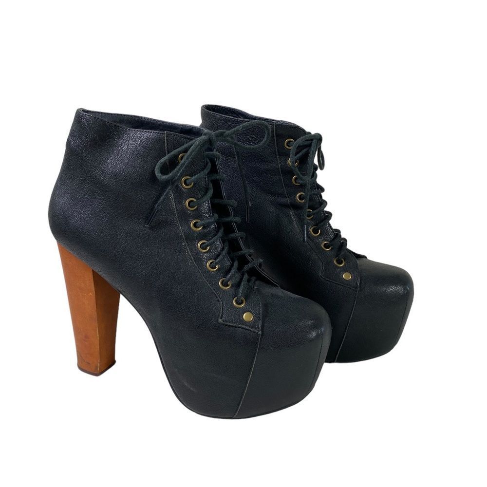 Jeffery Campbell 7 Lita black platform lace up wood heel ankle boots